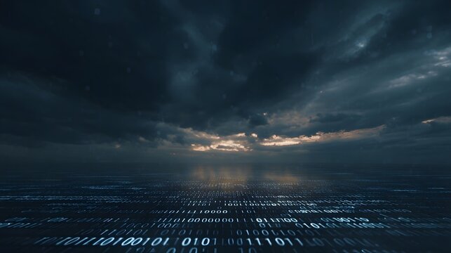 Digital ocean landscape under dark stormy twilight skies overlaid with binary code patterns - Powered by Adobe