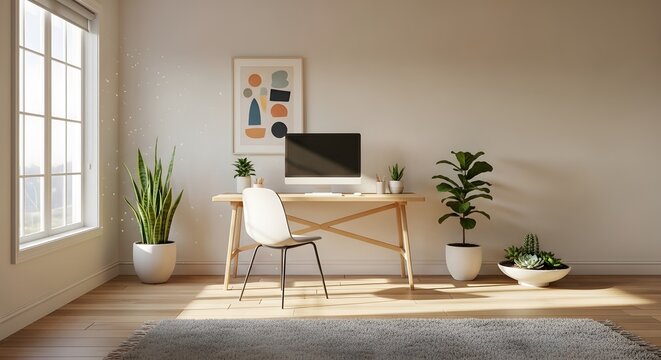 Modern home office setup with desk, chair, computer and plants for a productive workspace design idea