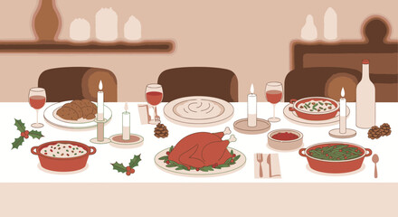 A festive holiday dinner table is set with a roasted turkey, side dishes, and wine, ready for a celebratory meal.