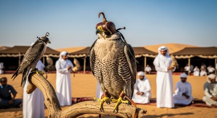 A peregrine falcon wearing a head covering in an Arabian setting
