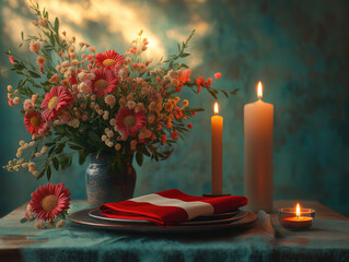 An Inviting Table Setting with a Folded Flag, Candles, and Lovely Flowers