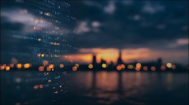 Digital overlay of binary code on a blurred city skyline at twilight