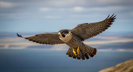The peregrine falcon flies and searches for its prey.