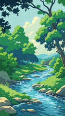 Forest stream landscape with lush greenery and mountains