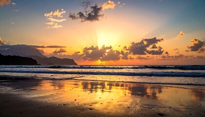 Golden Sunset Over Tropical Beach with Reflecting Waves.