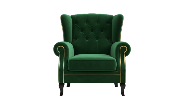 Luxurious emerald green wingback armchair featuring elegant gold trim against a black background
