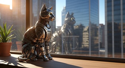 Futuristic robot cat sitting by window with city view digital art metal feline companion pet ai art design