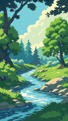 Naklejka premium Forest stream flowing through lush green woodland