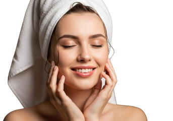 Young woman enjoying post-shower skincare routine with towel wrapped hair transparent background