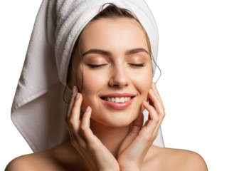 Young woman enjoying post-shower skincare routine with towel wrapped hair transparent background