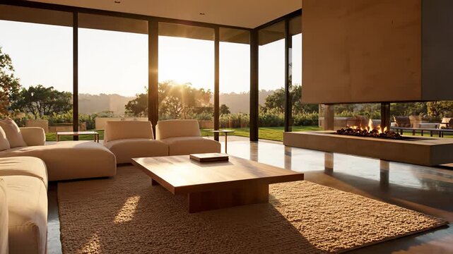 Cozy modern living room with plush couch, coffee table, fireplace, and natural light capturing interior design inspiration for relaxation and wellness promotions.