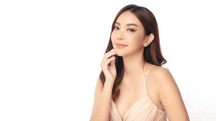 A beautiful young Asian woman with clean, fresh skin against a white background. Skincare, facial treatment, cosmetology, beauty, and spa. An elegant portrait of an Asian woman.