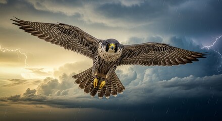 The peregrine falcon flies and searches for its prey.