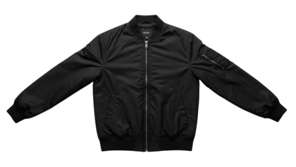 Sleek black outerwear garment displays front zipper closure and sleeve pocket detail