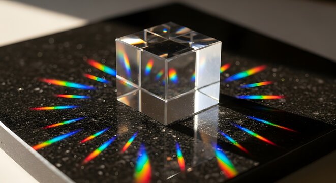 Crystal cube refraction light spectrum science physics optical effect rainbow colors on dark surface view