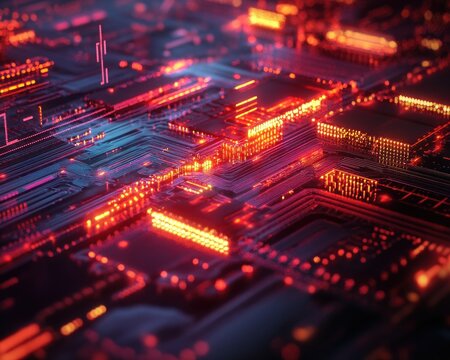 Abstract digital network with red and blue lights