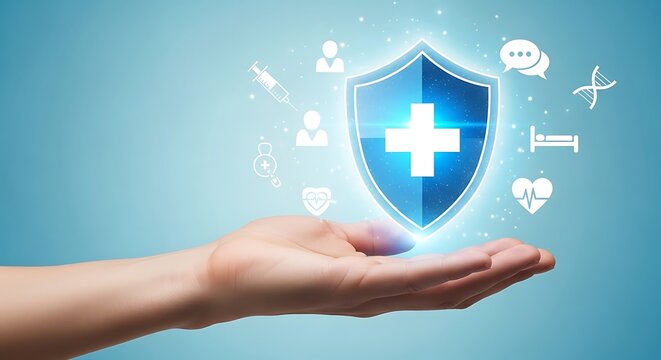 Hand holding a shield with medical icons for health insurance concept