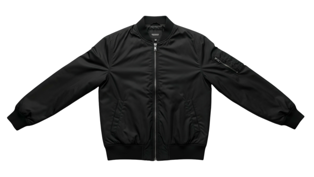 Sleek black outerwear garment displays front zipper closure and sleeve pocket detail