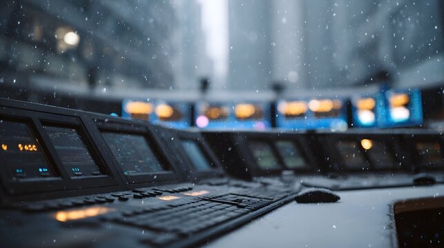 High tech financial trading control center with glowing monitors displaying data and charts illuminated by ambient light amidst a gentle snowfall