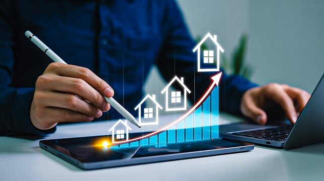 Real estate investment rising with digital house market growth on tablet