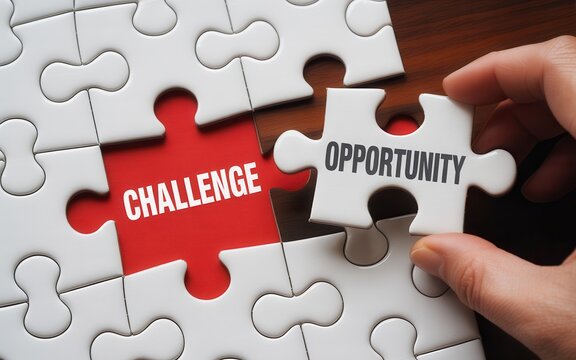 Hand places opportunity puzzle piece into challenge puzzle