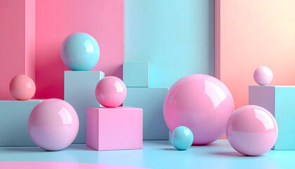 Abstract Geometric Arrangement of Soft Pink and Cyan Spheres and Cubes on Pedestals