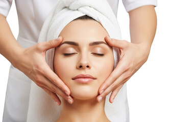 Woman receives relaxing facial massage for enhanced skin beauty and wellness transparent background