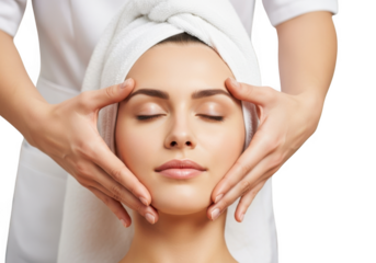 Woman receives relaxing facial massage for enhanced skin beauty and wellness transparent background