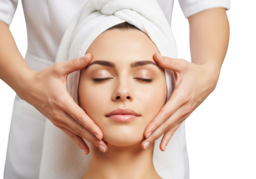 Woman receives relaxing facial massage for enhanced skin beauty and wellness transparent background
