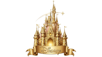 Ornate golden fairytale castle emblem featuring a shooting star and ribbon scroll against a dark backdrop