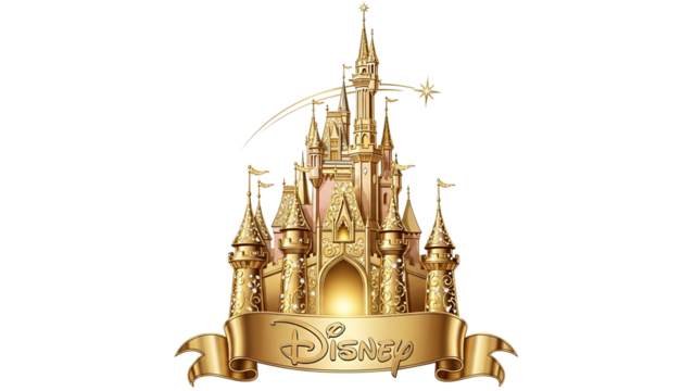 Ornate golden fairytale castle emblem featuring a shooting star and ribbon scroll against a dark backdrop