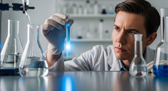 Scientist examining blue liquid in test tube in laboratory research and development experiment analysis