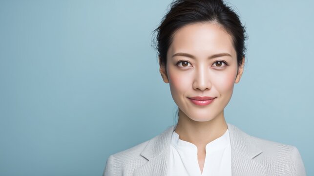 Confident woman wearing a light suit poses against a soft blue background in a professional setting.