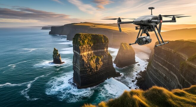 Aerial drone photography of cliffs of moher ireland capturing scenic landscape and ocean views with sunset