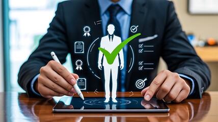 Digital hr recruitment interface with businessman selecting approved candidate on tablet
