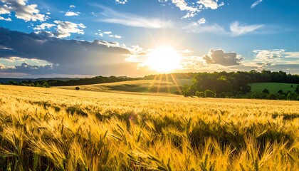 Golden Wheat Field Under a Bright Summer Sunset.