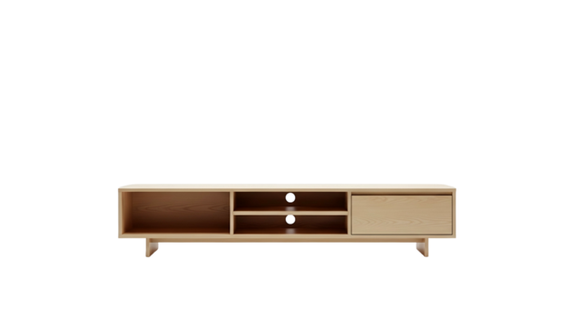 Minimalist light wood entertainment console with storage options floating against a dark background