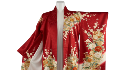 Elaborate red garment featuring intricate floral embroidery displayed on a white mannequin against a black background