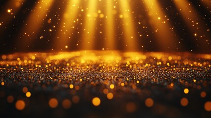 Golden glitter sparkles, spotlight beams on dark backdrop