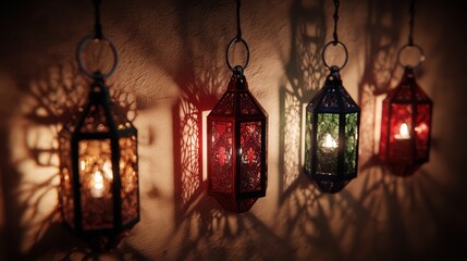 Hanging lanterns with warm candlelight creating shadows on a textured wall
