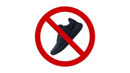 No shoes allowed concept with sporty trainer and red prohibition sign, symbolizes restriction, warning, and rule enforcement, for fitness and health themes