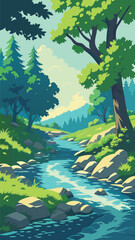 Forest stream flowing through lush green landscape