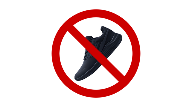 No shoes allowed concept with sporty trainer and red prohibition sign, symbolizes restriction, warning, and rule enforcement, for fitness and health themes - Powered by Adobe