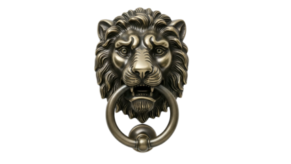 Ornate metallic lion head door knocker featuring a thick ring suspended from its open mouth against a solid black background.