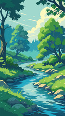 Forest stream flowing through lush green landscape