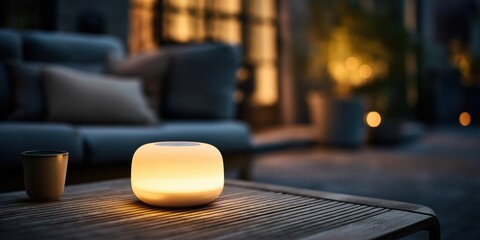 Soft glow of a decorative lamp on a wooden table in an outdoor evening setting with cozy seating.
