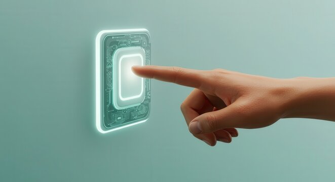 Human finger presses glowing futuristic digital interface button