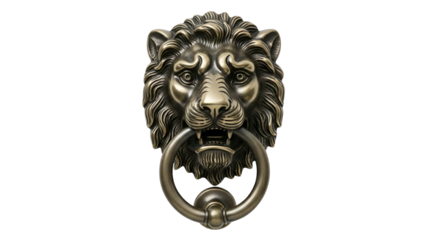Ornate metallic lion head door knocker featuring a thick ring suspended from its open mouth against a solid black background.