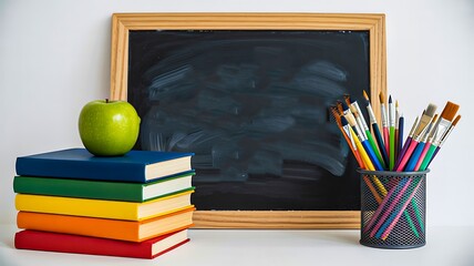 School chalkboard with books green apple and art pencils for education learning theme