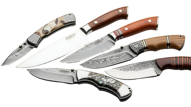 Assortment of exquisitely crafted steel blades and decorative handles displayed against a dark background